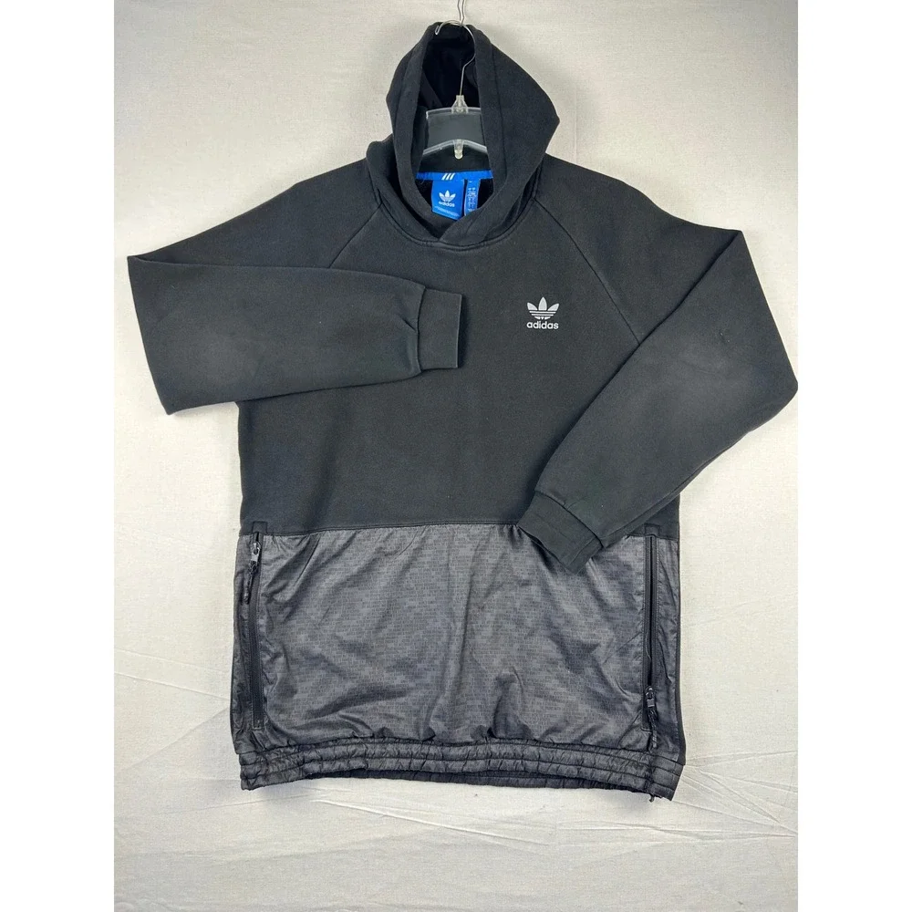 Adidas Originals Trefoil Hoodie Mens Large Black Mixed Media Side Zip Pullover